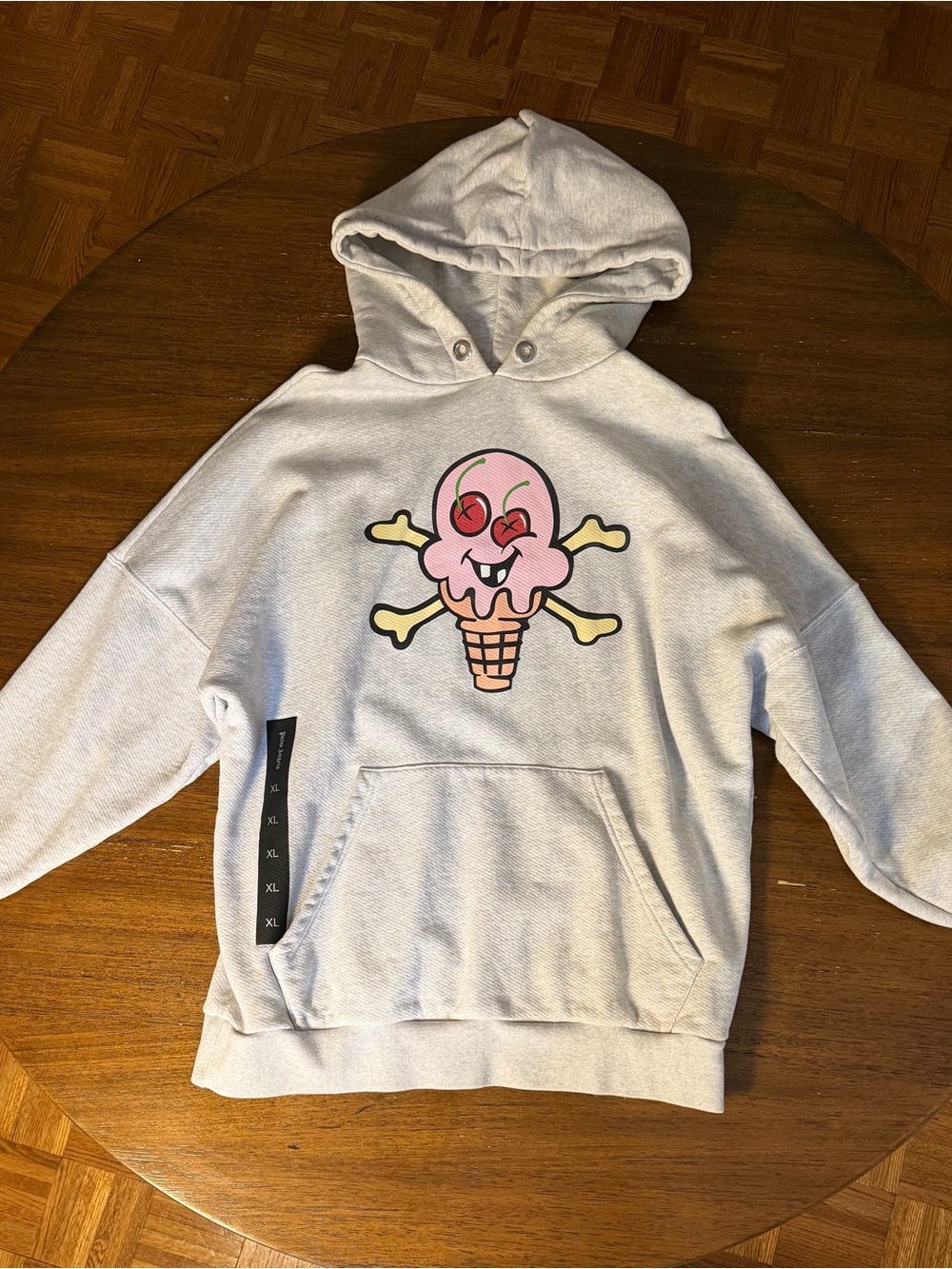 Palm Angels Light Gray Hoodie with Pink Ice Cream Skull Graphic